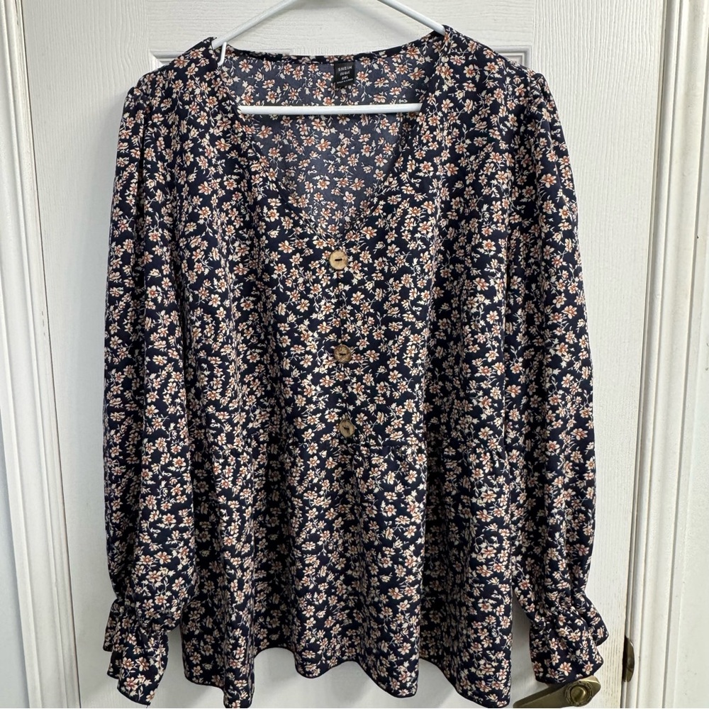 SHEIN Curve Navy Floral Blouse Women's 2XL Faux Button Front Long Sleeve Boho